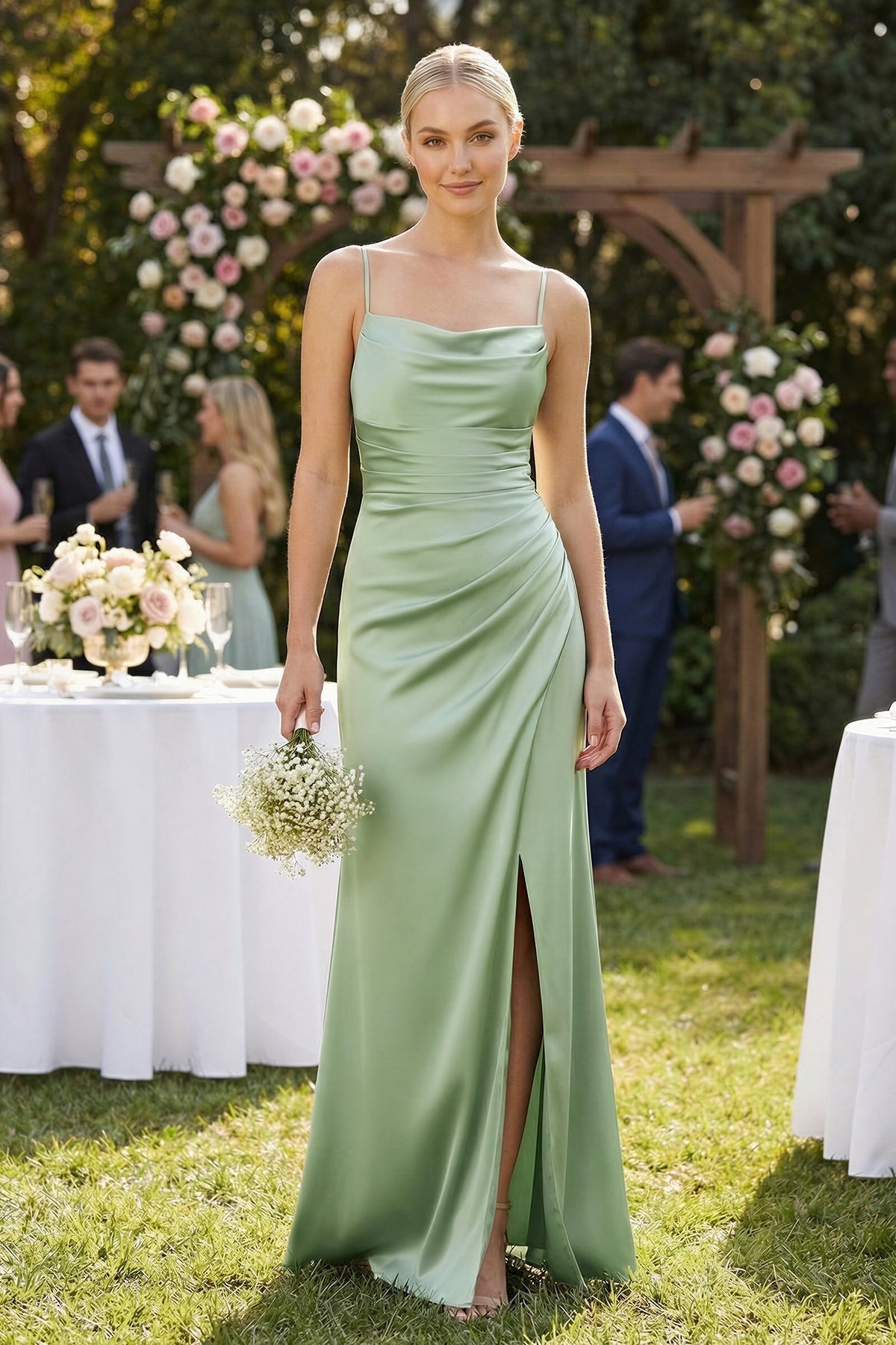 Cami Strap Ruched Satin Sheath Bridesmaid Dress in Sage - Curvevia