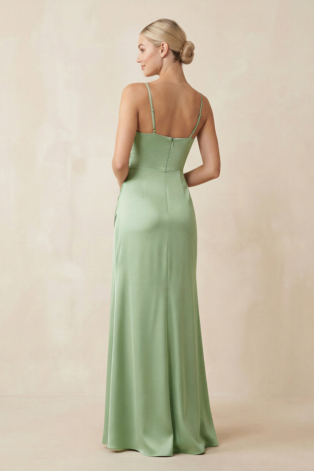 Cami Strap Ruched Satin Sheath Bridesmaid Dress in Sage - Curvevia