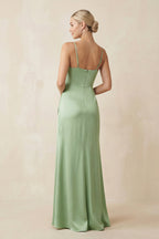 Cami Strap Ruched Satin Sheath Bridesmaid Dress in Sage - Curvevia
