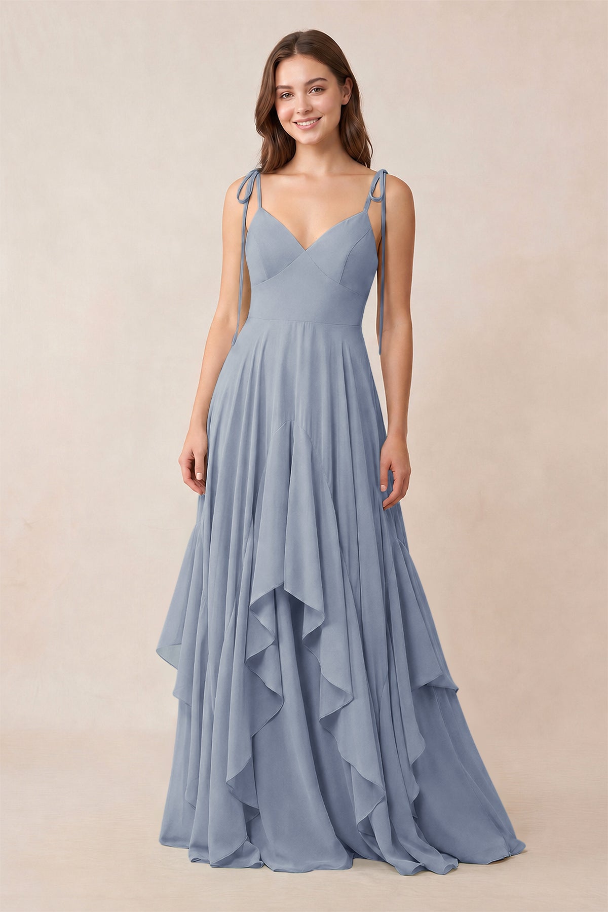 Cami Strap Ruffled A-Line Chiffon Bridesmaid Dress in Twilight - Curvevia