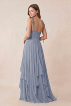 Cami Strap Ruffled A-Line Chiffon Bridesmaid Dress in Twilight - Curvevia