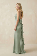 Cami Strap Ruffled Satin Bridesmaid Dress With Bow in Dove Gray - Curvevia
