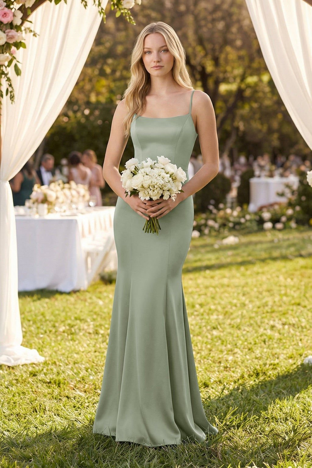 Cami Strap Ruffled Satin Bridesmaid Dress With Bow in Dove Gray - Curvevia