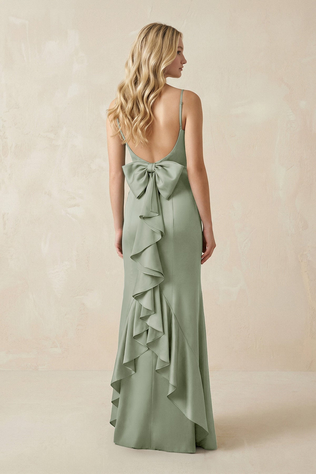 Cami Strap Ruffled Satin Bridesmaid Dress With Bow in Dove Gray - Curvevia