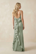 Cami Strap Ruffled Satin Bridesmaid Dress With Bow in Dove Gray - Curvevia