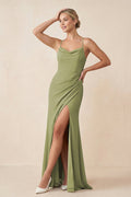 Cami Strap Sheath Ruched Bridesmaid Dress With Slit in Moss Green - Curvevia