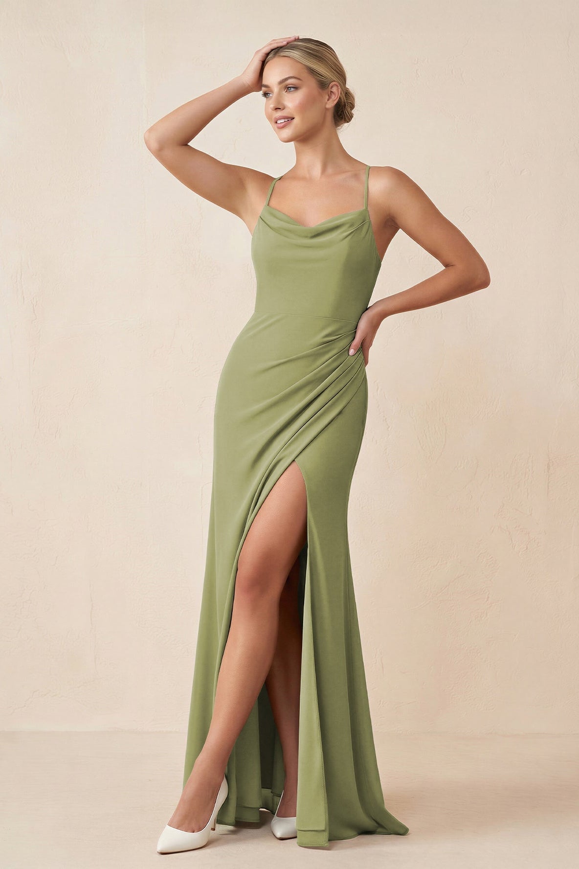 Cami Strap Sheath Ruched Bridesmaid Dress With Slit in Moss Green - Curvevia