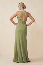 Cami Strap Sheath Ruched Bridesmaid Dress With Slit in Moss Green - Curvevia