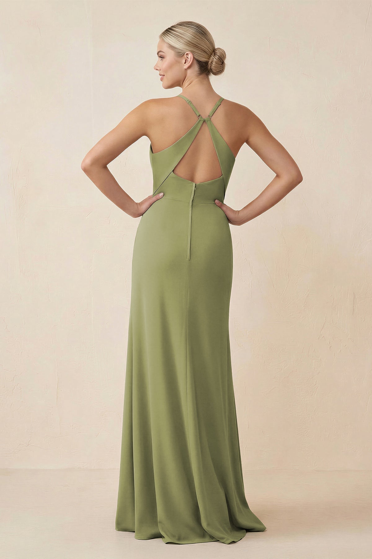 Cami Strap Sheath Ruched Bridesmaid Dress With Slit in Moss Green - Curvevia