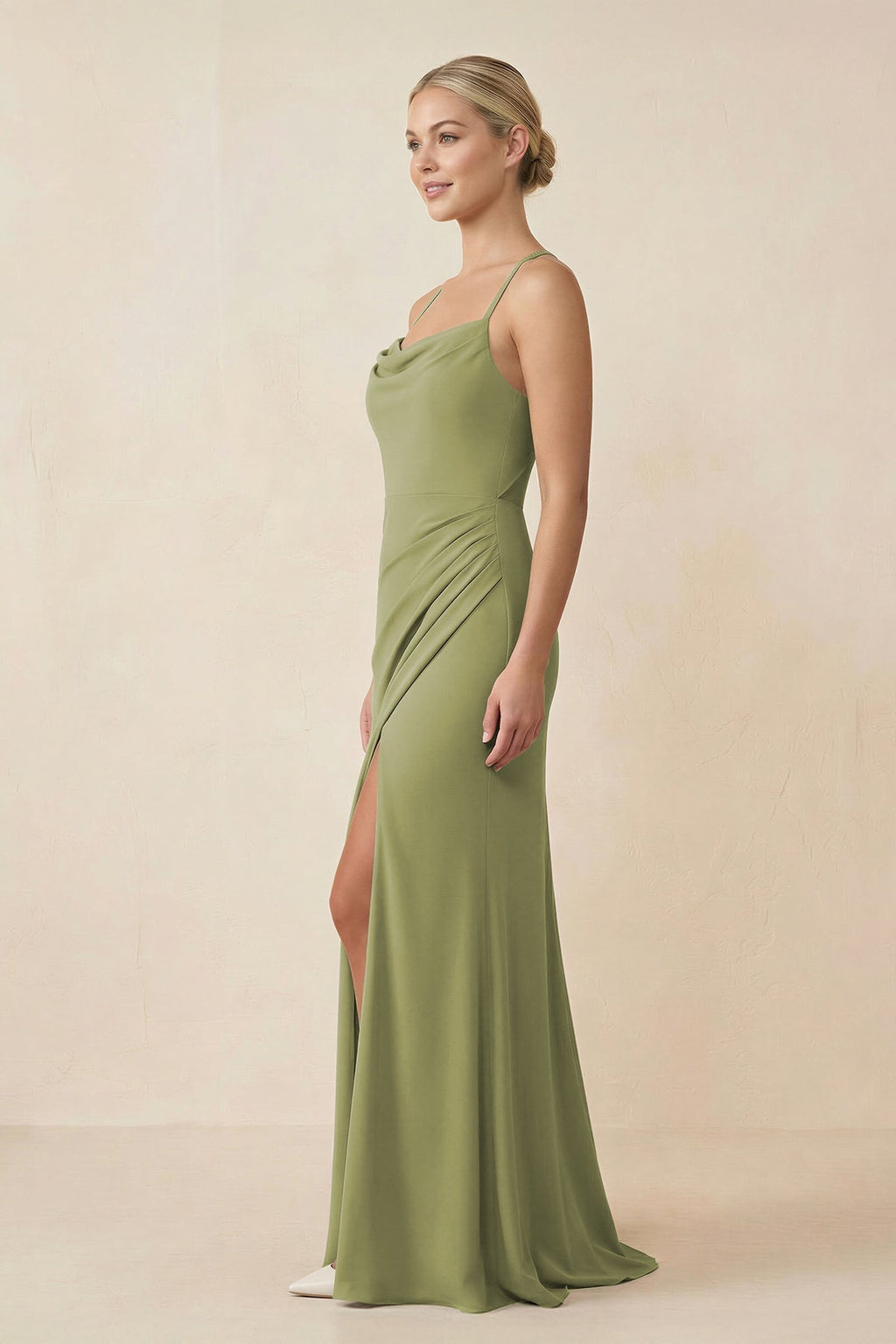 Cami Strap Sheath Ruched Bridesmaid Dress With Slit in Moss Green - Curvevia