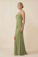 Cami Strap Sheath Ruched Bridesmaid Dress With Slit in Moss Green - Curvevia