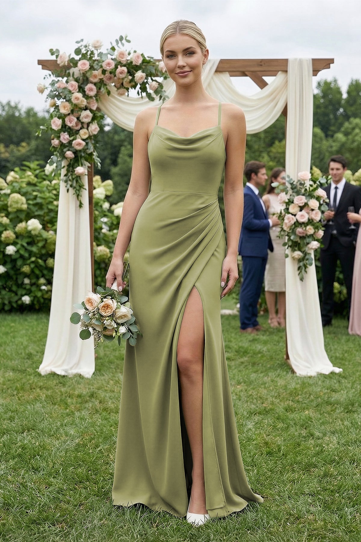 Cami Strap Sheath Ruched Bridesmaid Dress With Slit in Moss Green - Curvevia