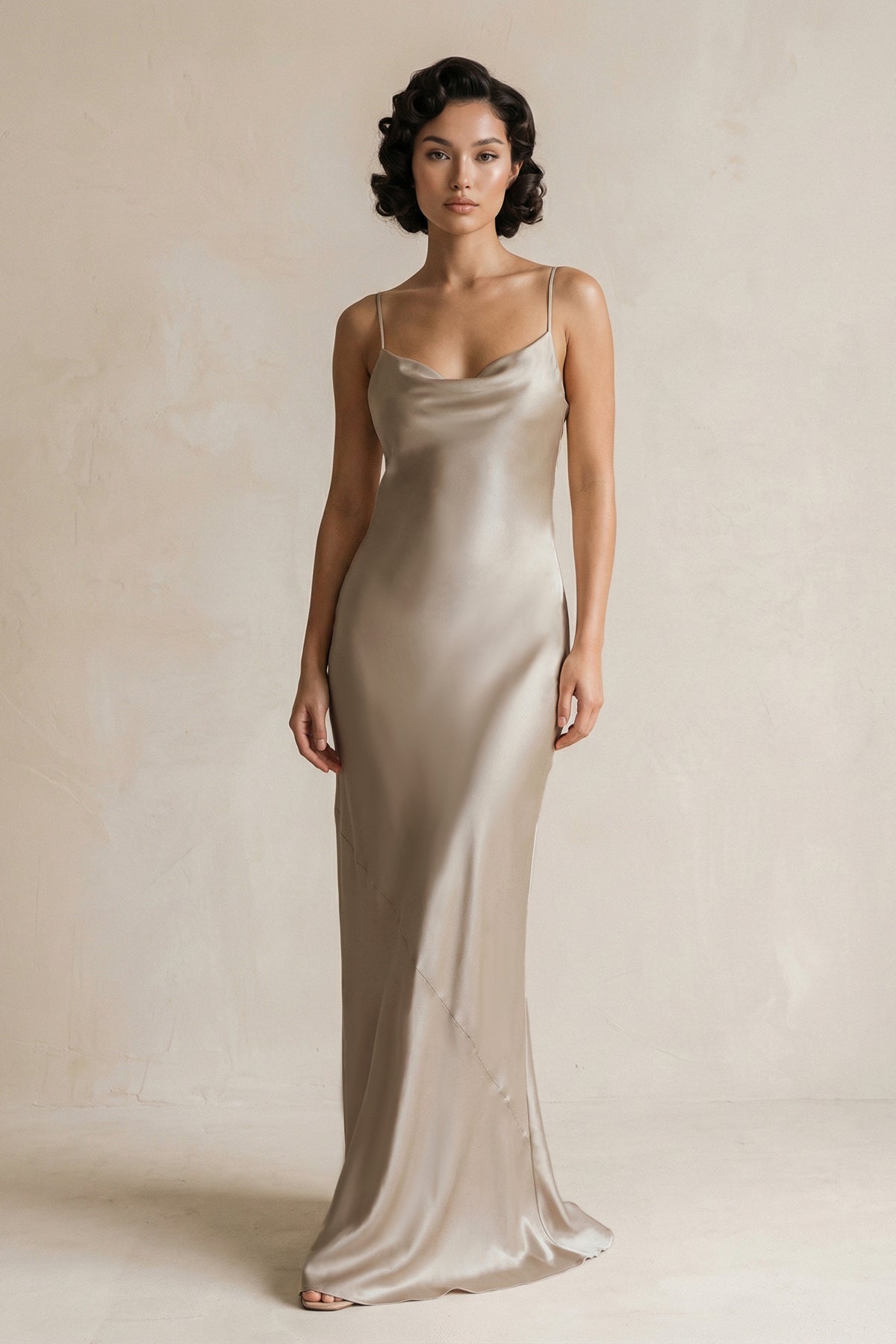 Cami Strap Sheath Satin Bridesmaid Dress in Almond - Curvevia