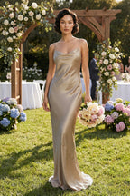 Cami Strap Sheath Satin Bridesmaid Dress in Almond - Curvevia