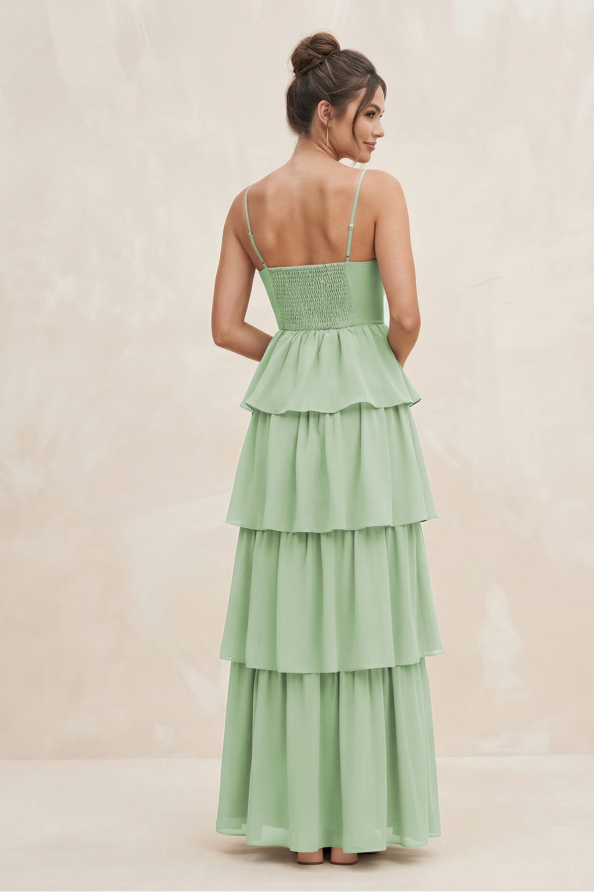 Cami Strap Tiered A-Line Chiffon Bridesmaid Dress in Sage - Curvevia