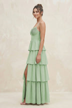 Cami Strap Tiered A-Line Chiffon Bridesmaid Dress in Sage - Curvevia