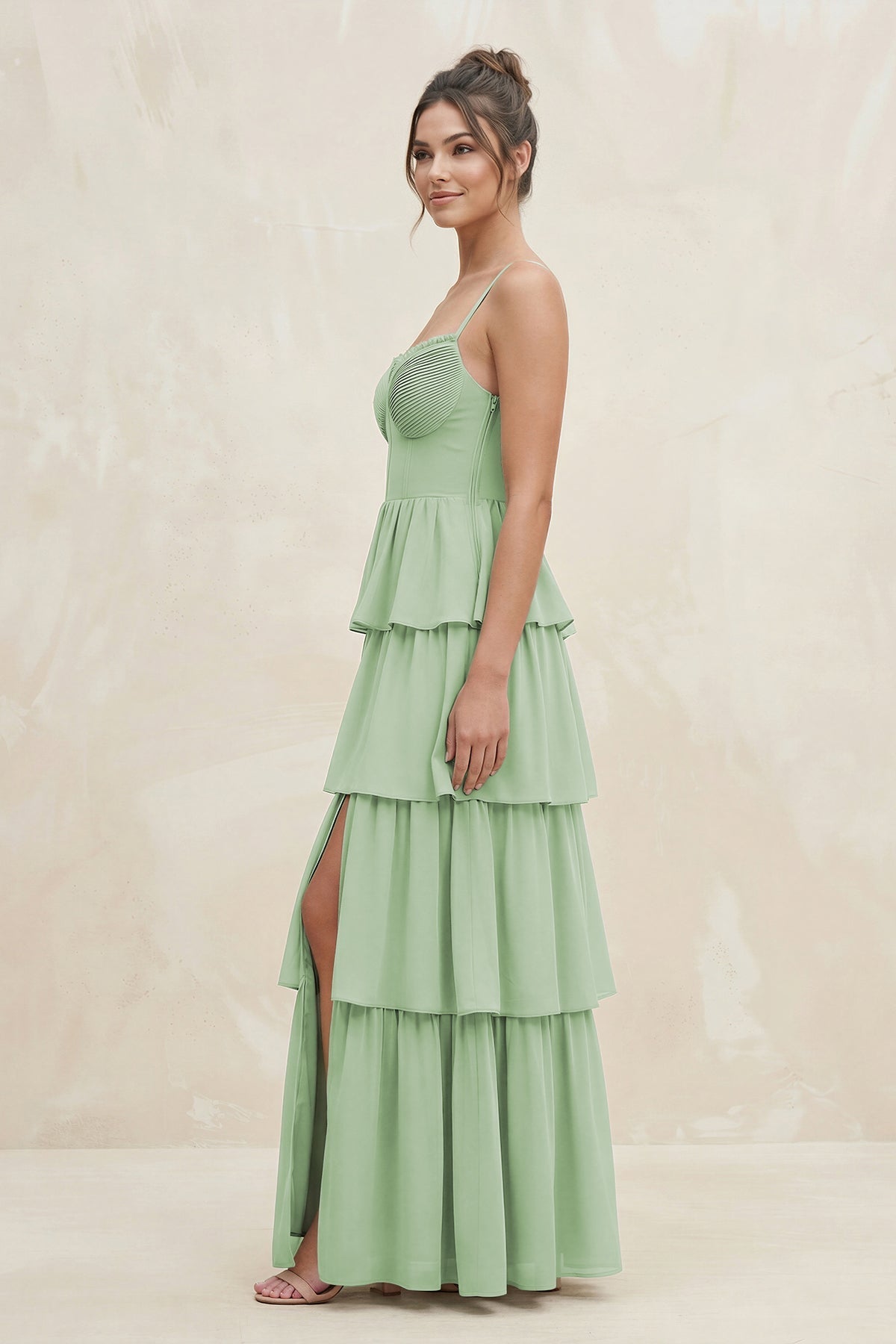 Cami Strap Tiered A-Line Chiffon Bridesmaid Dress in Sage - Curvevia