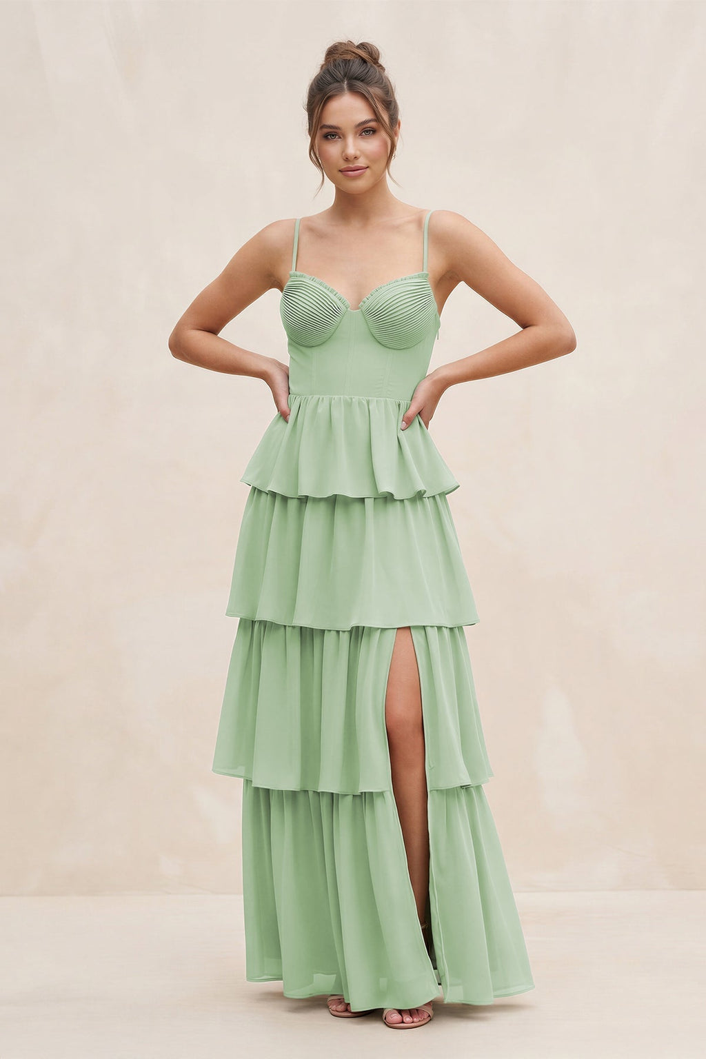 Cami Strap Tiered A-Line Chiffon Bridesmaid Dress in Sage - Curvevia