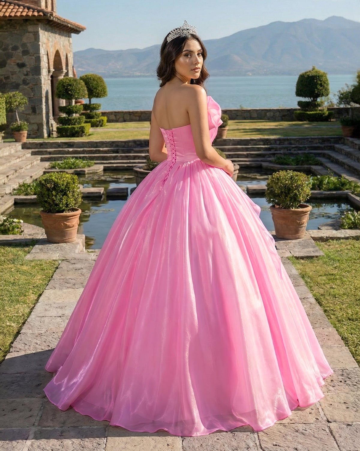 Elegant Shiny Pink Organza Strapless Quinceanera Dresses - Curvevia