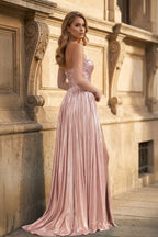 Green Metallic Sweetheart Pleated A-Line Long Evening Dress - Curvevia
