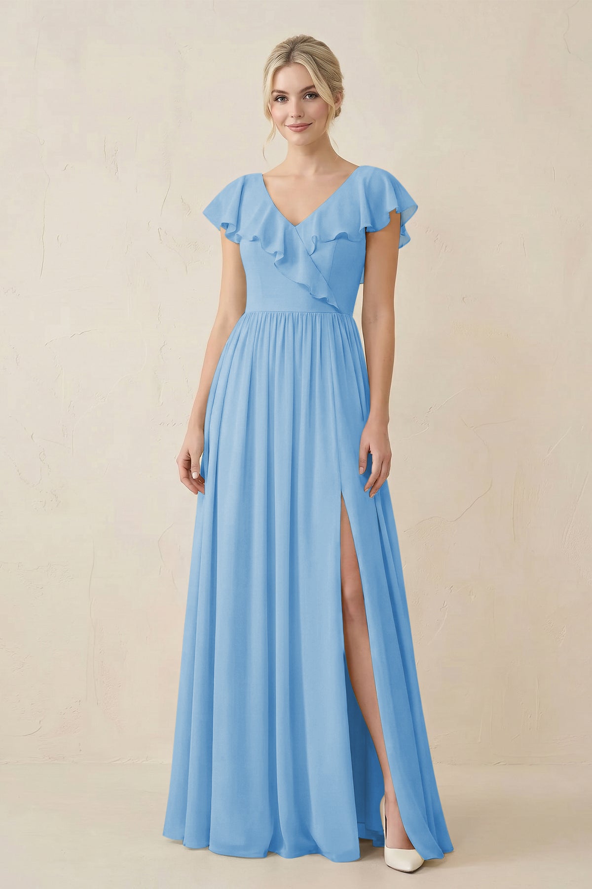 Cap Sleeve A-Line Ruffled Chiffon Bridesmaid Dress in Steel Blue - Curvevia