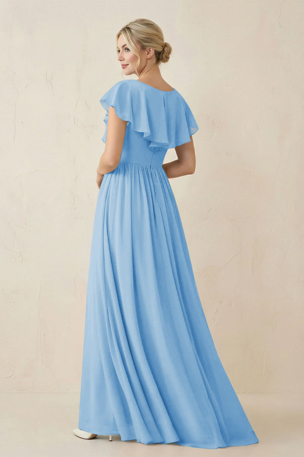 Cap Sleeve A-Line Ruffled Chiffon Bridesmaid Dress in Steel Blue - Curvevia