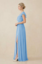 Cap Sleeve A-Line Ruffled Chiffon Bridesmaid Dress in Steel Blue - Curvevia