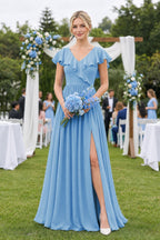 Cap Sleeve A-Line Ruffled Chiffon Bridesmaid Dress in Steel Blue - Curvevia