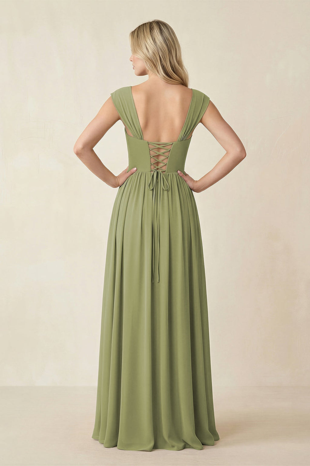 Cap Sleeve Corset A-Line Chiffon Bridesmaid Dress in Moss Green - Curvevia