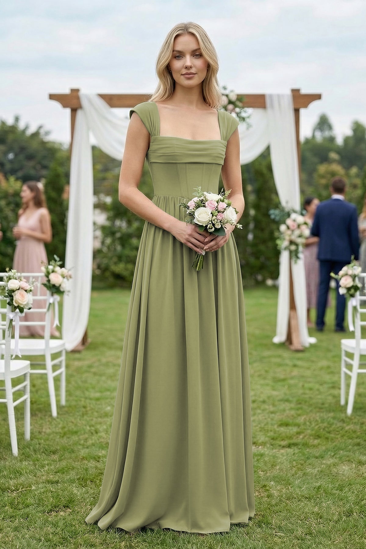 Cap Sleeve Corset A-Line Chiffon Bridesmaid Dress in Moss Green - Curvevia
