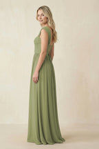 Cap Sleeve Corset A-Line Chiffon Bridesmaid Dress in Moss Green - Curvevia