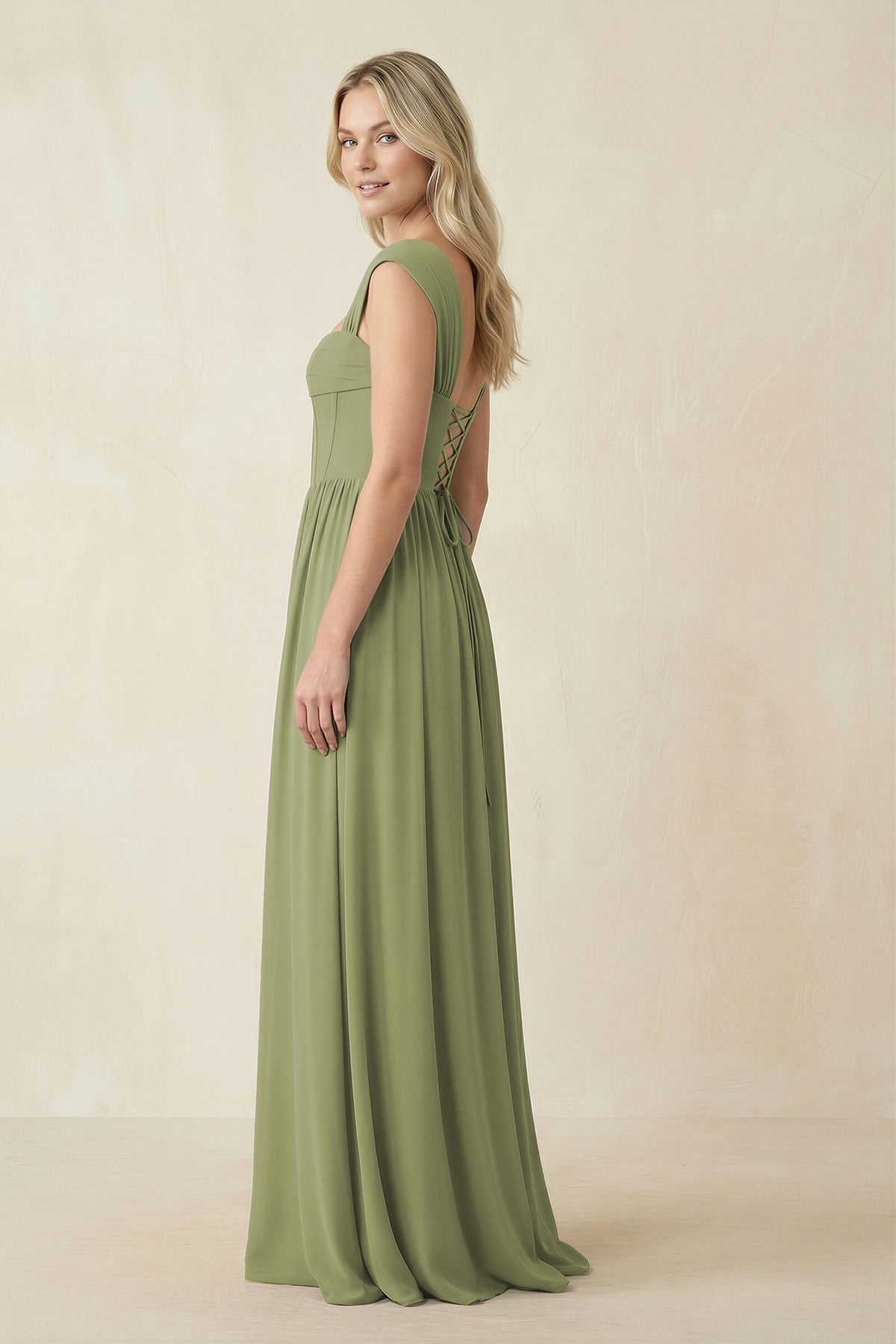 Cap Sleeve Corset A-Line Chiffon Bridesmaid Dress in Moss Green - Curvevia