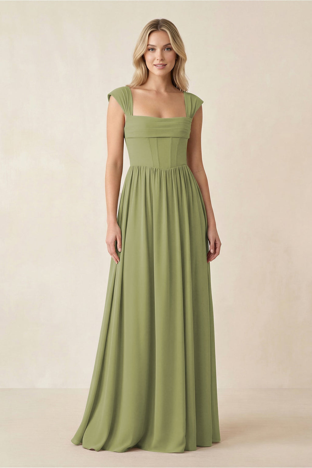 Cap Sleeve Corset A-Line Chiffon Bridesmaid Dress in Moss Green - Curvevia