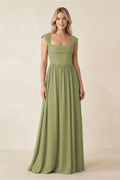 Cap Sleeve Corset A-Line Chiffon Bridesmaid Dress in Moss Green - Curvevia