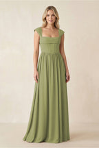Cap Sleeve Corset A-Line Chiffon Bridesmaid Dress in Moss Green - Curvevia