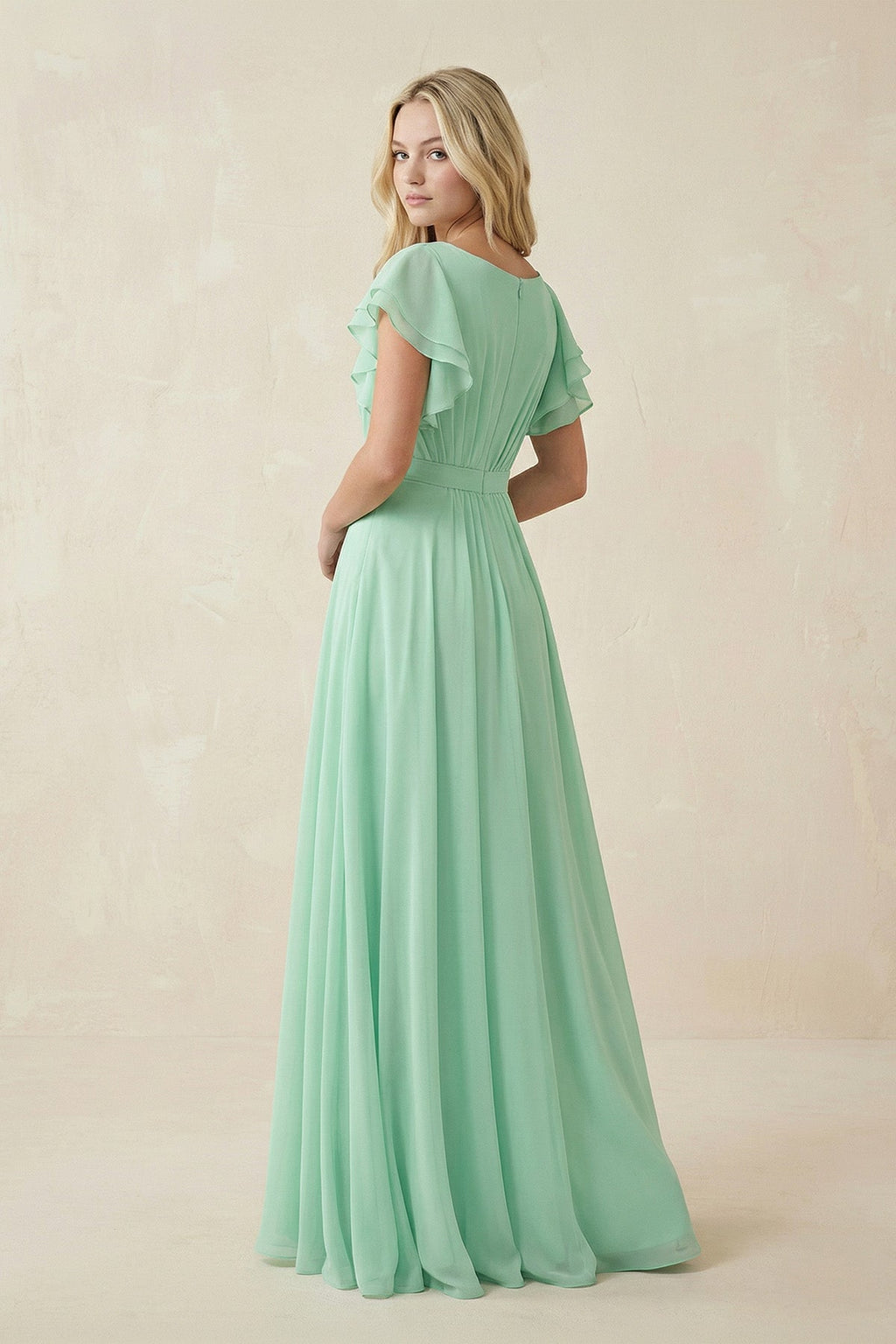Cap Sleeve Ruffled A-Line Chiffon Mother of the Bride Dress in Pale Pistachio - Curvevia