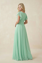 Cap Sleeve Ruffled A-Line Chiffon Mother of the Bride Dress in Pale Pistachio - Curvevia