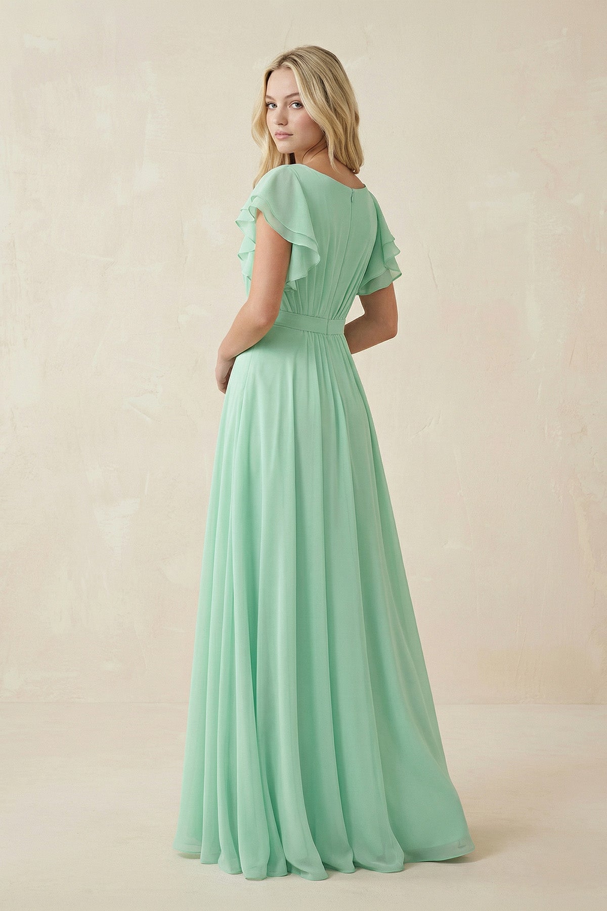 Cap Sleeve Ruffled A-Line Chiffon Mother of the Bride Dress in Pale Pistachio - Curvevia
