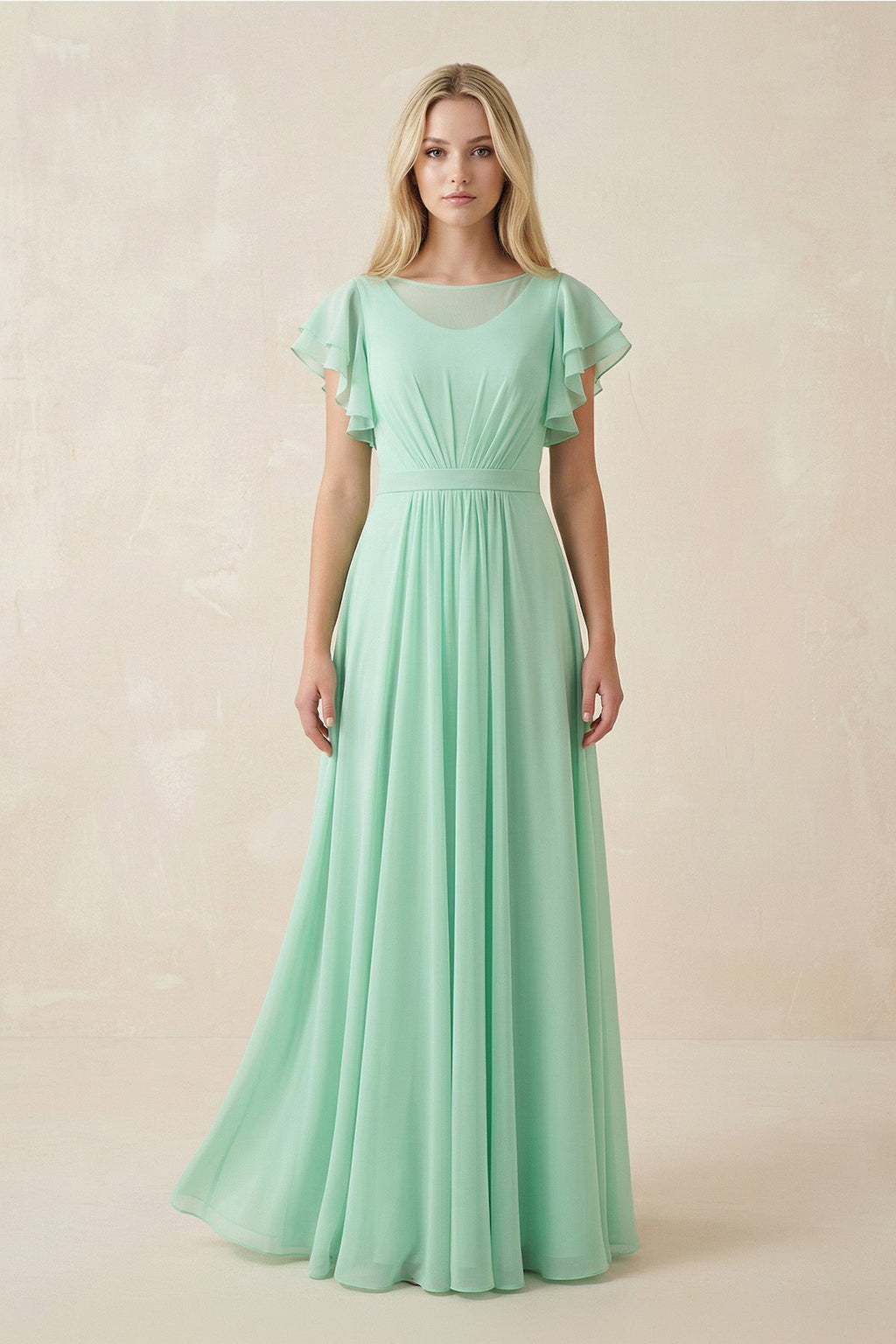 Cap Sleeve Ruffled A-Line Chiffon Mother of the Bride Dress in Pale Pistachio - Curvevia