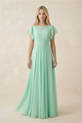 Cap Sleeve Ruffled A-Line Chiffon Mother of the Bride Dress in Pale Pistachio - Curvevia