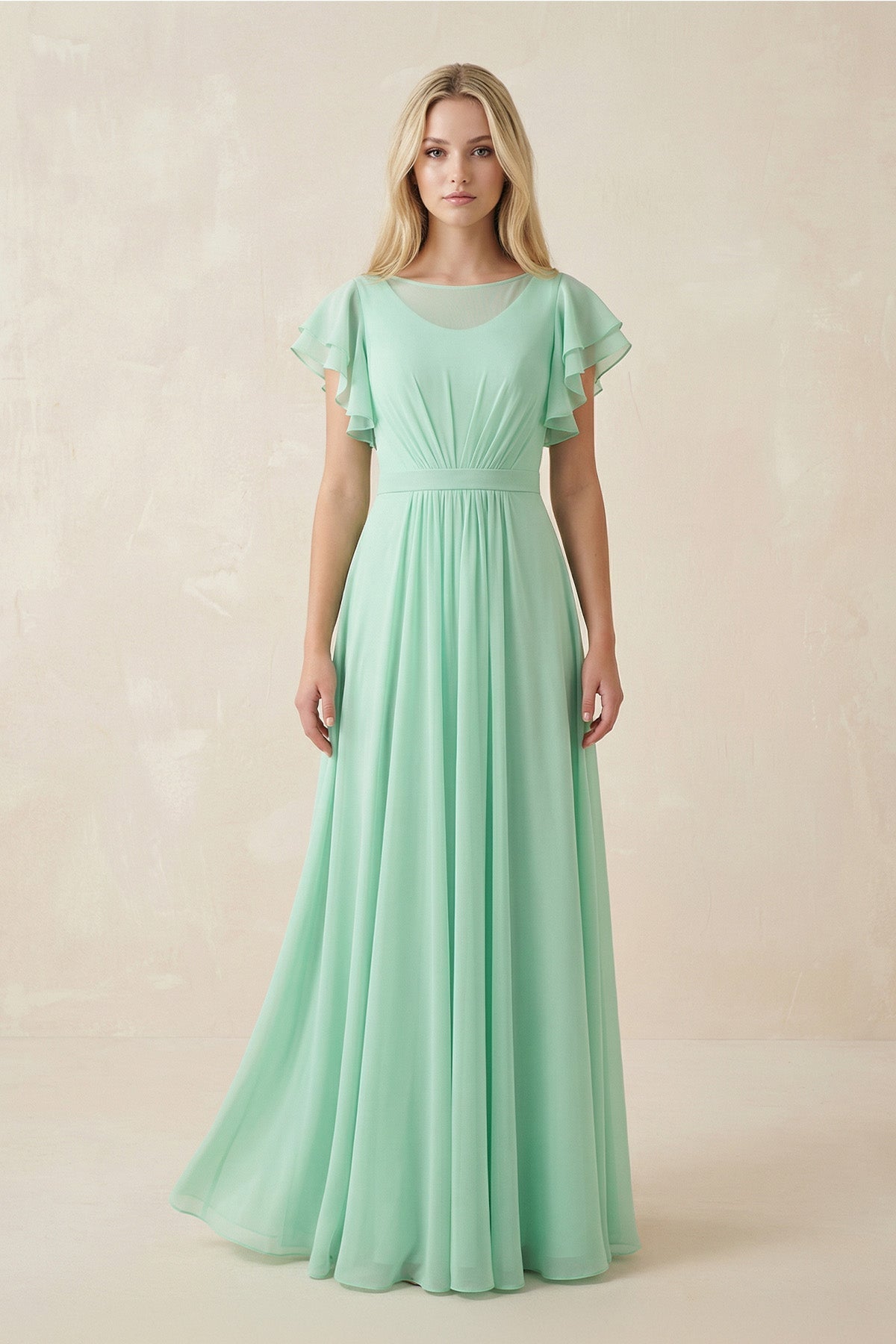 Cap Sleeve Ruffled A-Line Chiffon Mother of the Bride Dress in Pale Pistachio - Curvevia