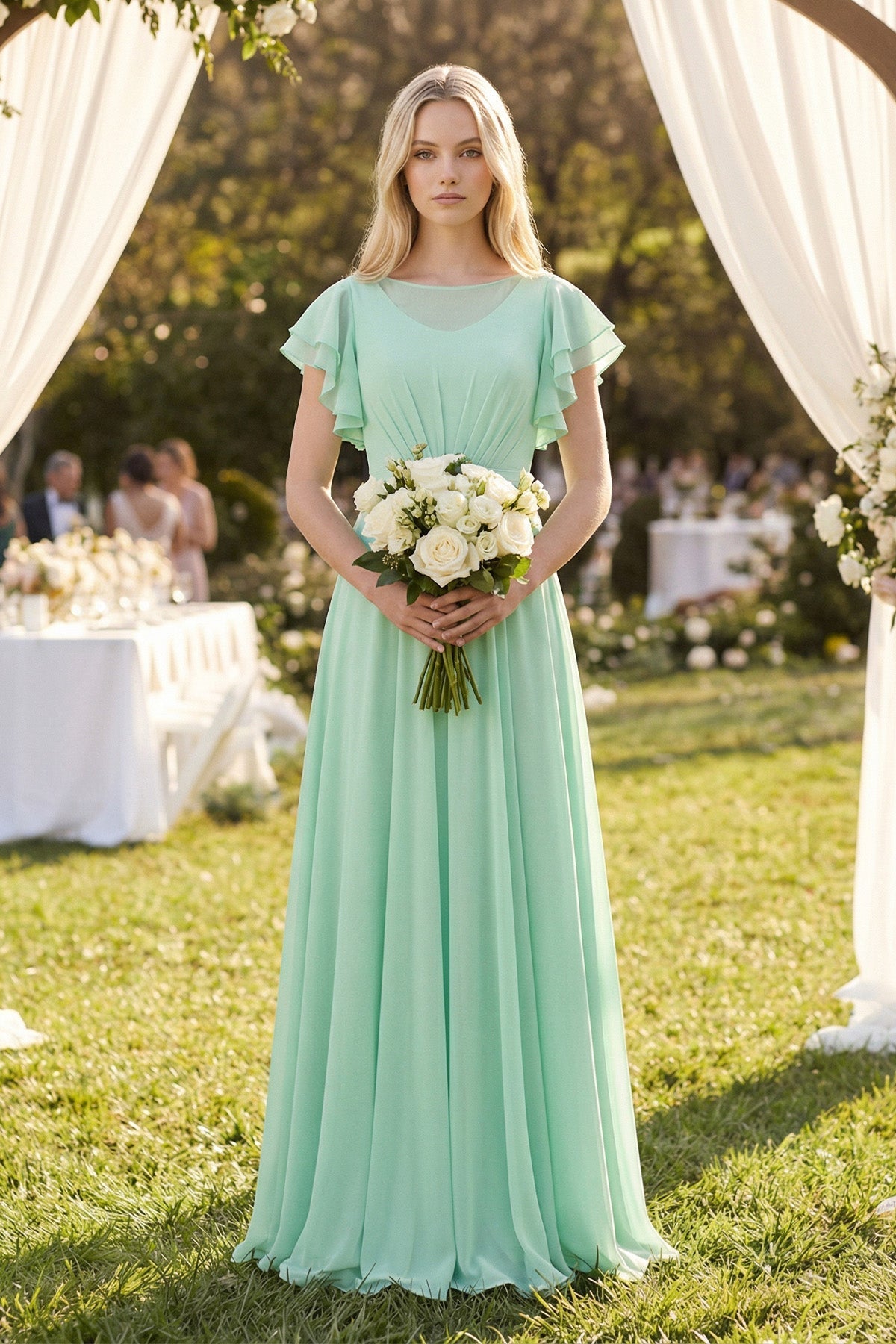 Cap Sleeve Ruffled A-Line Chiffon Mother of the Bride Dress in Pale Pistachio - Curvevia