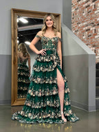 A-Line Lace Off-the-Shoulder Tiered Long Prom Dress with Slit - Curvevia