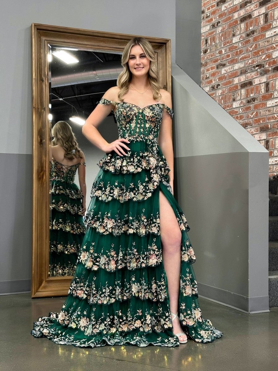 A-Line Lace Off-the-Shoulder Tiered Long Prom Dress with Slit - Curvevia