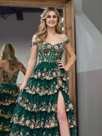 A-Line Lace Off-the-Shoulder Tiered Long Prom Dress with Slit - Curvevia