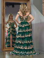 A-Line Lace Off-the-Shoulder Tiered Long Prom Dress with Slit - Curvevia