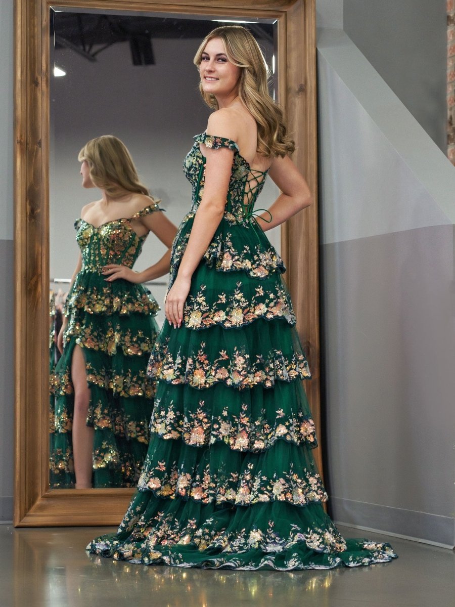 A-Line Lace Off-the-Shoulder Tiered Long Prom Dress with Slit - Curvevia