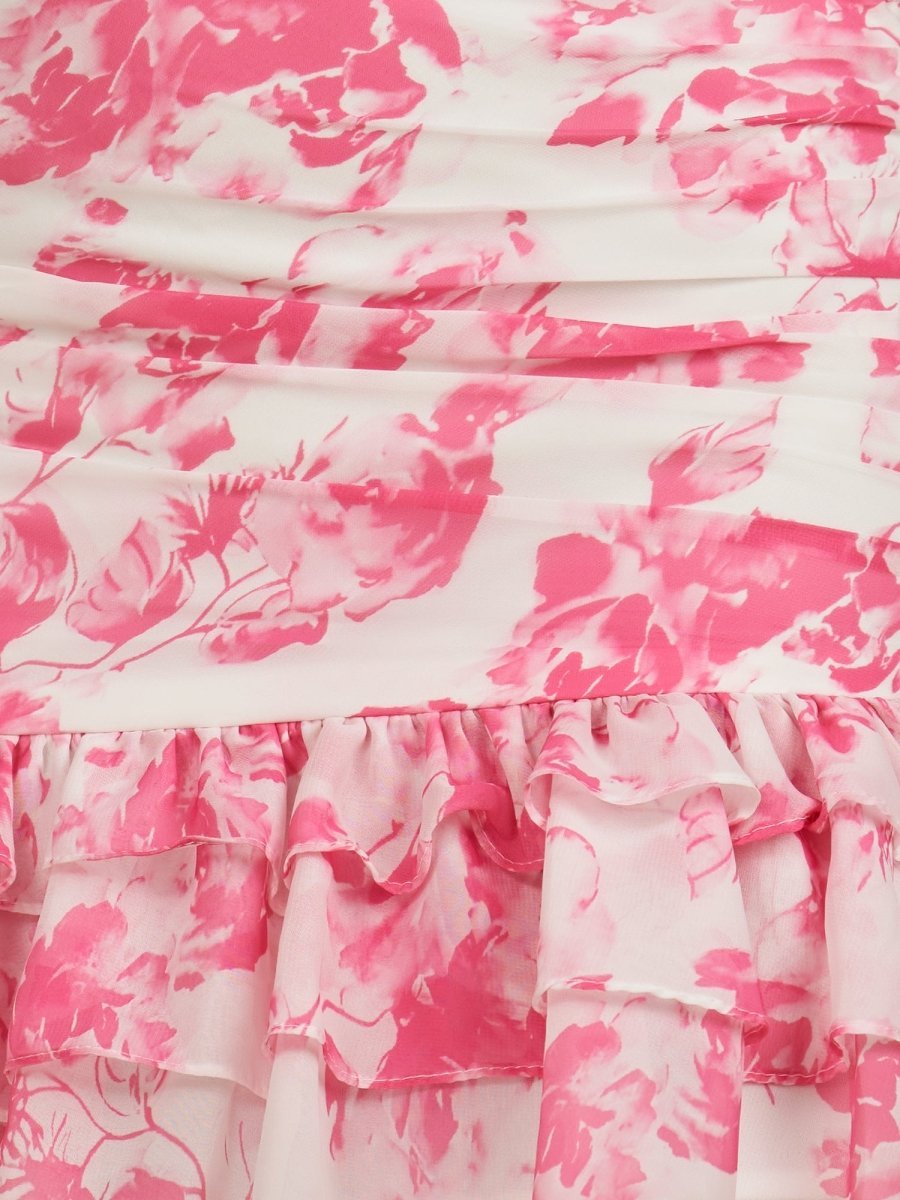 Pink A-Line One Shoulder Floral Chiffon Short Wedding Guest Dress - Curvevia