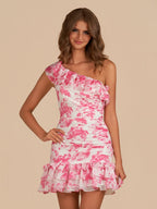 Pink A-Line One Shoulder Floral Chiffon Short Wedding Guest Dress - Curvevia