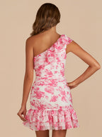 Pink A-Line One Shoulder Floral Chiffon Short Wedding Guest Dress - Curvevia